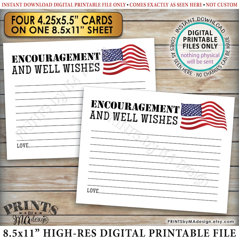 Military Encouragement and Well Wishes Card, Boot Camp Send Off, American Flag, Four 4.25x5.5 Cards on a PRINTABLE 8.5x11 Sheet ID image 1