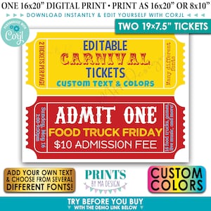 Large Editable Carnival Tickets, Two Custom 19x7.5&quot; Circus Tickets on one PRINTABLE 16x20&quot; Digital Printable File &lt;Edit Yourself w/Corjl&gt;