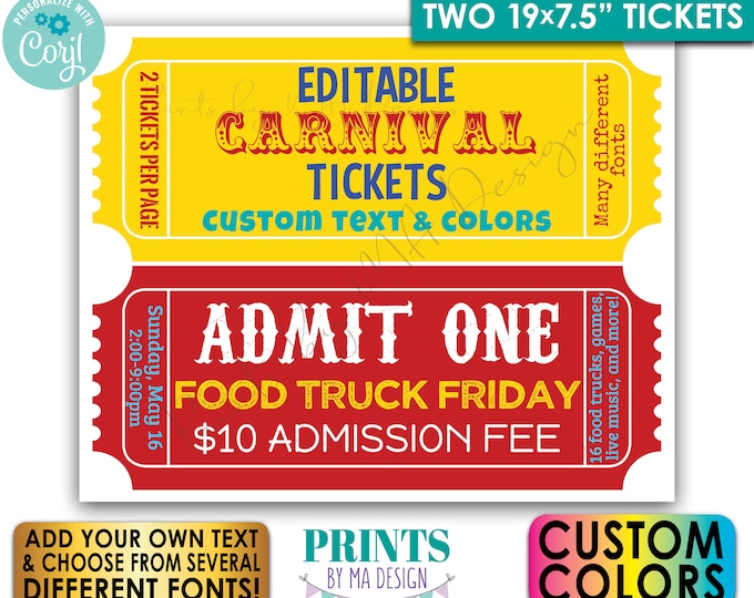 Large Editable Carnival Tickets, Two Custom 19x7.5" Circus Tickets on one PRINTABLE 16x20" Digital Printable File <Edit Yourself w/Corjl>