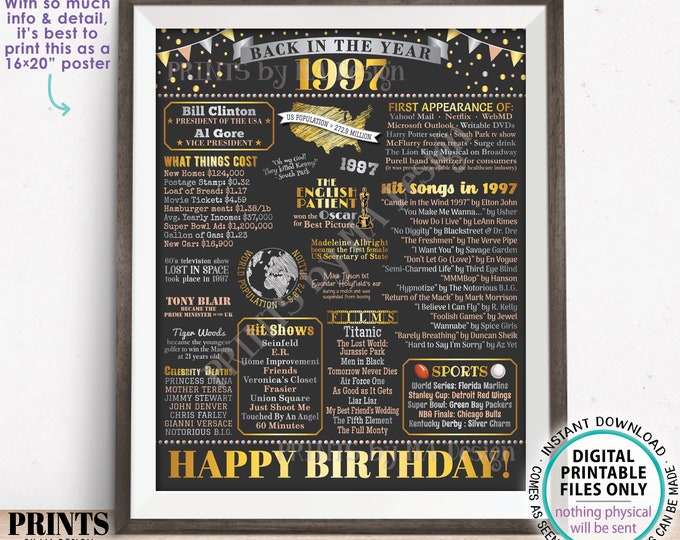 Back in the Year 1997 Birthday Sign, Flashback to 1997 Poster Board, ‘97 B-day Gift, Bday Decoration, PRINTABLE 16x20” Sign <ID>