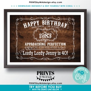 May include: A printable 40th birthday sign with a rustic wood background. The sign features a white border with a vintage-style design. The text reads "Happy Birthday Limited Edition - One of a Kind Est. 1983 Approaching Perfection Only Getting Better With Age Lordy Lordy Jenny is 40!"
