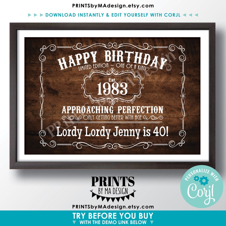 May include: A printable 40th birthday sign with a rustic wood background. The sign features a white border with a vintage-style design. The text reads "Happy Birthday Limited Edition - One of a Kind Est. 1983 Approaching Perfection Only Getting Better With Age Lordy Lordy Jenny is 40!"