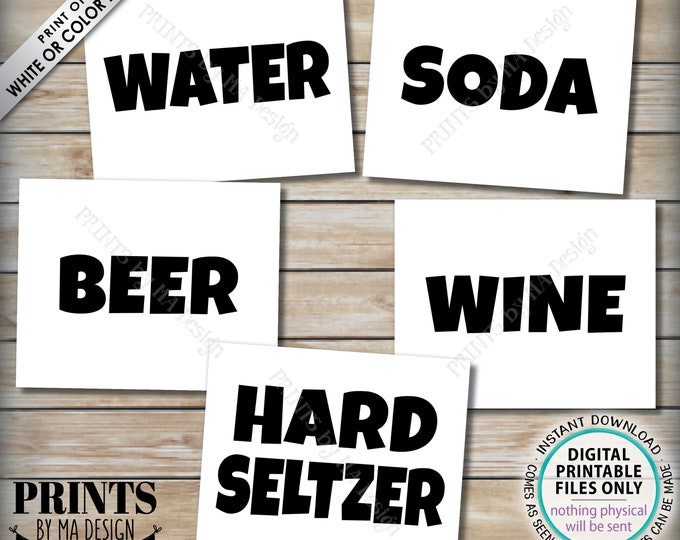 Beverage Signs, Drink Station Bundle Package, Soda, Water, Beer, Wine, Hard Seltzer, Includes Five PRINTABLE 8x10/16x20” B&W Signs <ID>