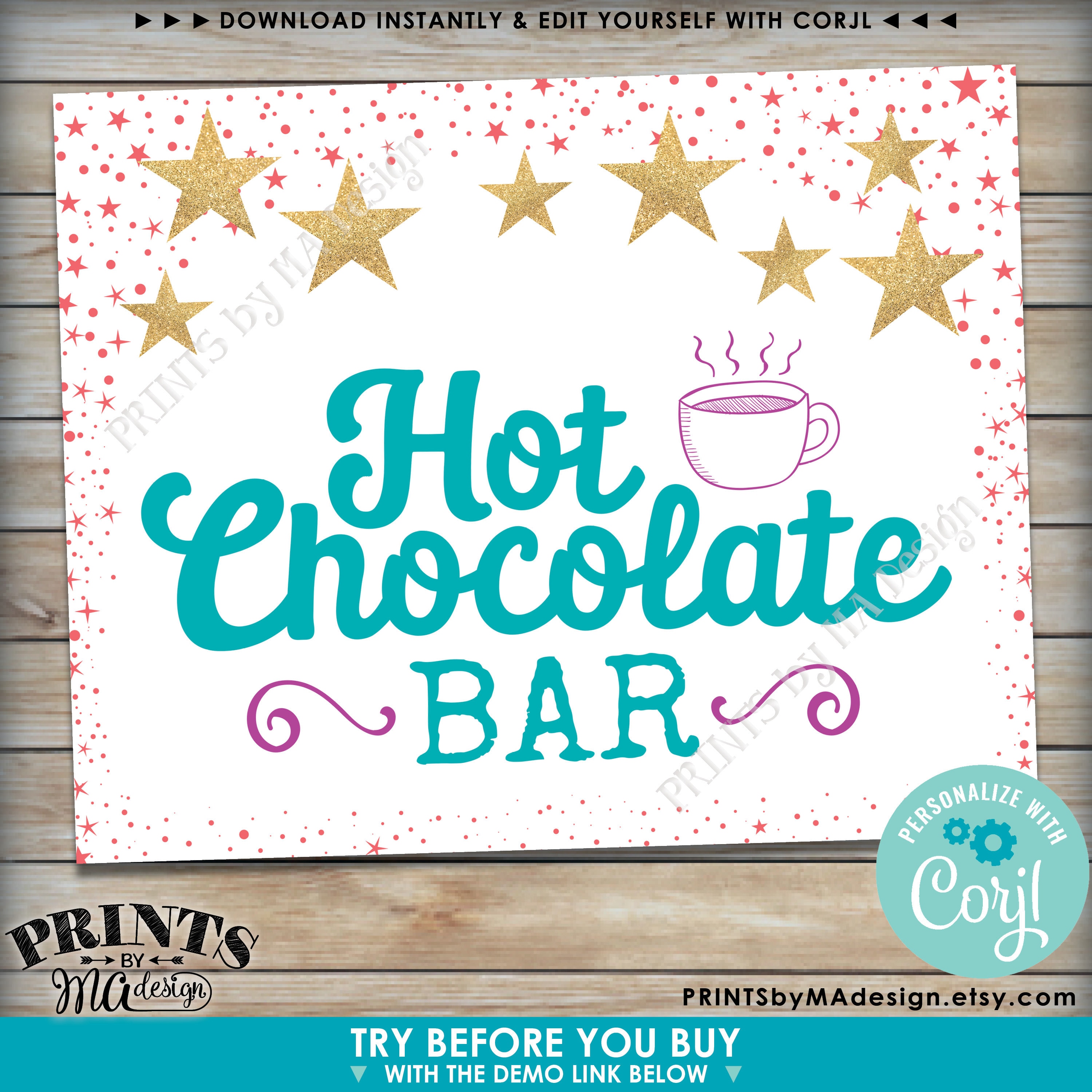 hot-chocolate-bar-sign-with-gold-stars-hot-beverage-station-custom-printable-8x10-16x20-sign