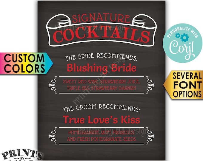 Signature Cocktails Sign, Bride & Groom Recommend, PRINTABLE 8x10/16x20” Chalkboard Style Wedding Drinks Sign <Edit Yourself w/Corjl>