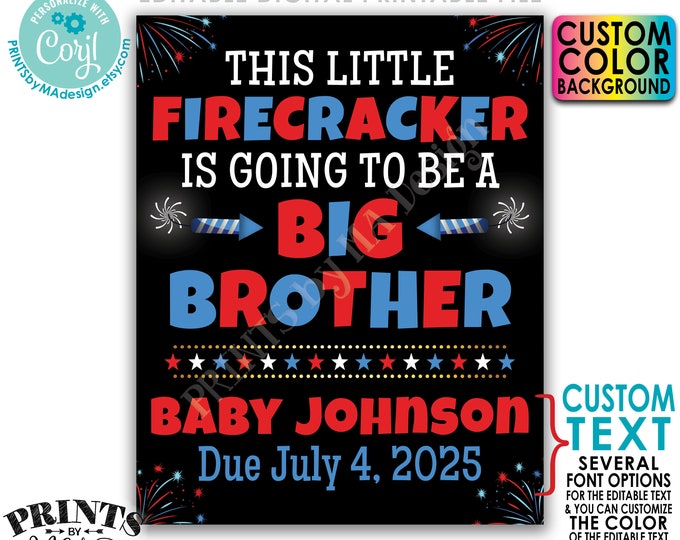 4th of July Pregnancy Announcement, Little Firecracker is Going to be a Big Brother, Custom PRINTABLE Baby #2 Sign <Edit Yourself w/Corjl>