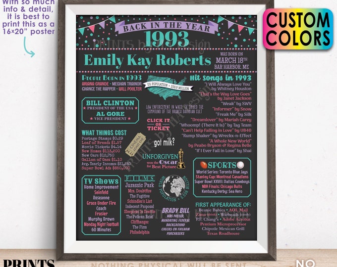 Back in the Year 1993 Birthday Sign, Flashback to 1993 Poster Board, 1993 Birthday Gift, Custom PRINTABLE 16x20” B-day Decoration