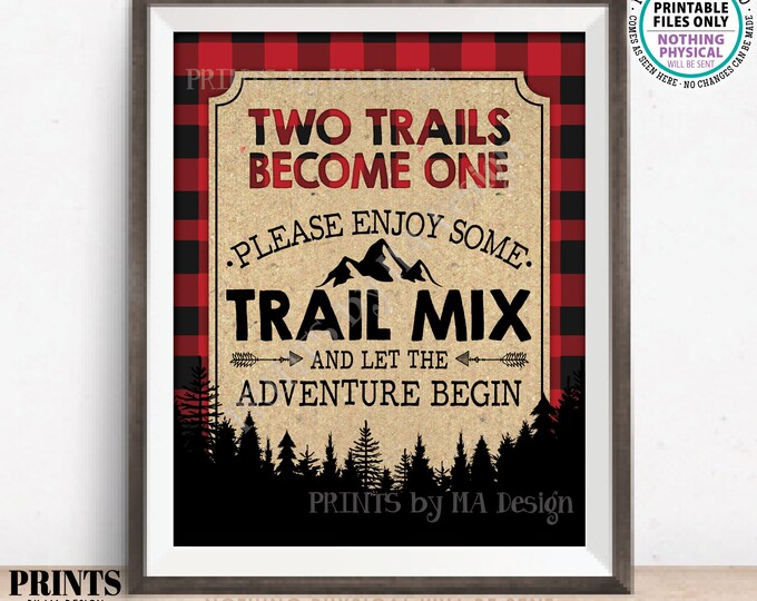 Trail Mix Bar Sign, Two Trails Become One Wedding Treats, Lumberjack Style Trail Mix Sign, PRINTABLE 8x10" Red Checker Buffalo Plaid Sign