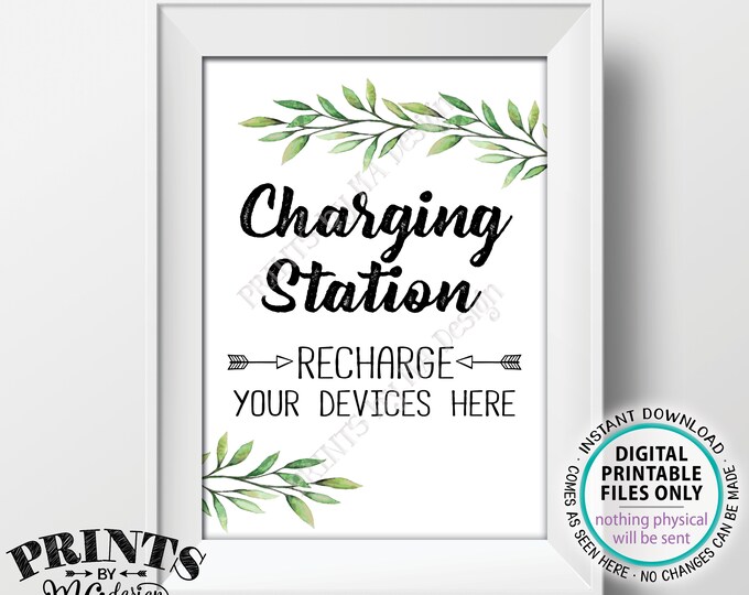 Charging Station Sign, Recharge Your Devices Here, Wedding Charge Bar, Recharge Here, Wedding Greenery Eucalyptus, PRINTABLE 5x7” Sign <ID>
