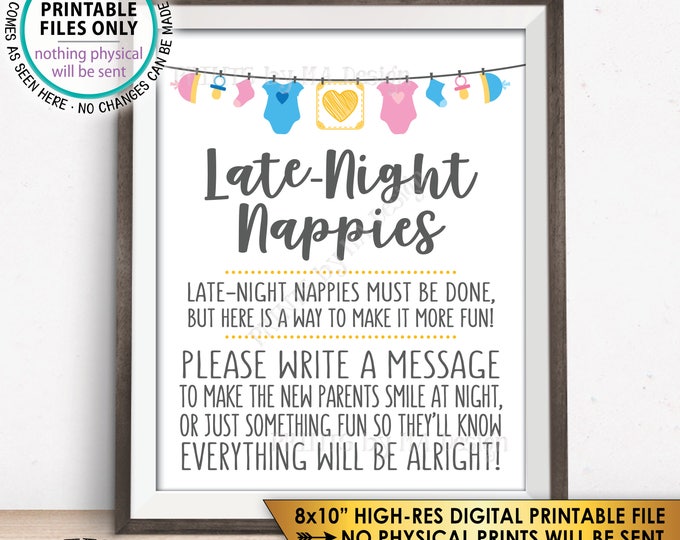 Late Night Nappy Sign, Late-Night Nappies Sign the Nappy Thoughts,  Funny Baby Shower Game, Gender Neutral Colors, PRINTABLE 8x10” Sign <ID>