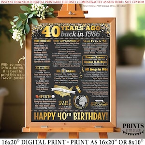 Cartel para 40 cumpleaños, nacido en 1986, recuerdo de hace 40 años, regalo de cumpleaños, letrero imprimible de 16 x 20 pulgadas, regalo para 40 cumpleaños <ID>