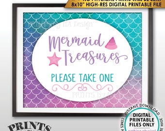 Mermaid Party Sign, Mermaid Treasures Please Take One Favors Sign, Mermaid Sign, Birthday, Watercolor Style PRINTABLE 8x10” Instant Download