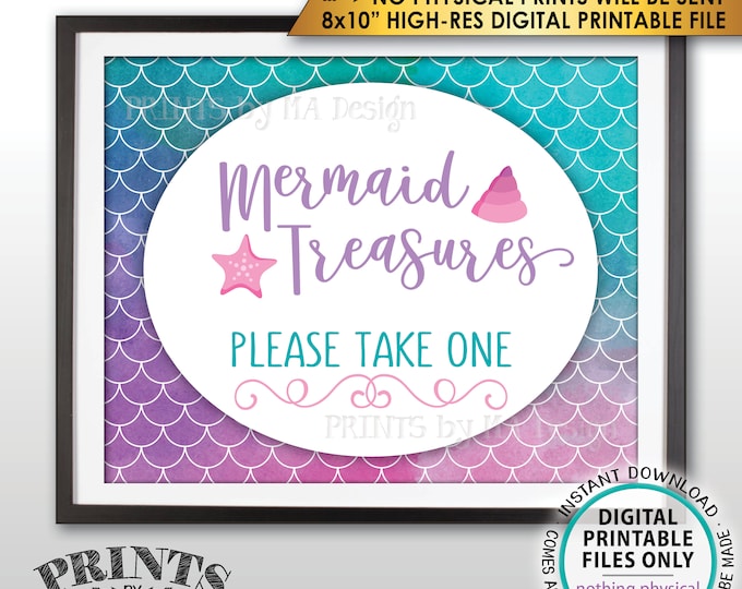 Mermaid Party Sign, Mermaid Treasures Please Take One Favors Sign, Mermaid Sign, Birthday, Watercolor Style PRINTABLE 8x10” Instant Download