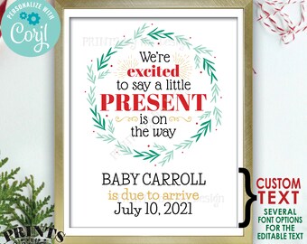 Christmas Pregnancy Announcement, Little Present on the Way, PRINTABLE 8x10/16x20” Baby Reveal Sign, Xmas Wreath <Edit Yourself with Corjl>