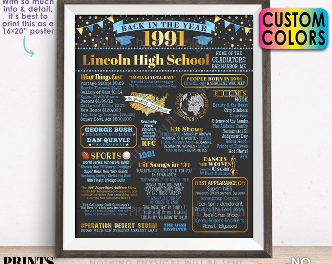 Back in the Year 1991 Poster Board, Class of 1991 Reunion Decoration, Flashback to 1991 Graduating Class, Custom '91 PRINTABLE 16x20” Sign