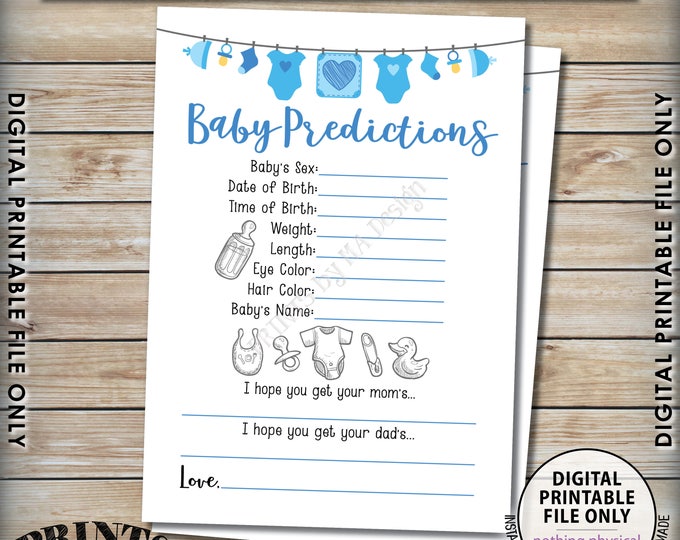 Baby Predictions Card, Baby Shower Predictions Game, Guess the Baby Shower Activity, It's a Boy, Blue 5x7” Printable Instant Download