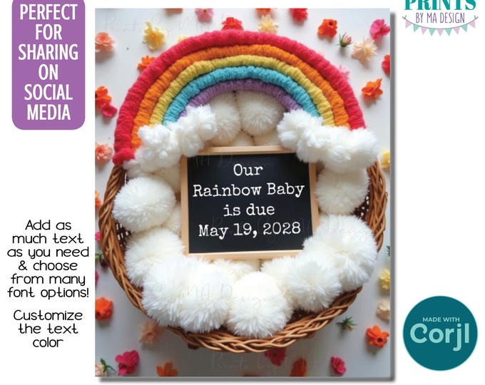 Rainbow Baby Reveal, Editable Pregnancy Announcement, Personalize a Custom 8x10" Digital File, Blanket in Basket <Edit Yourself w/Corjl>