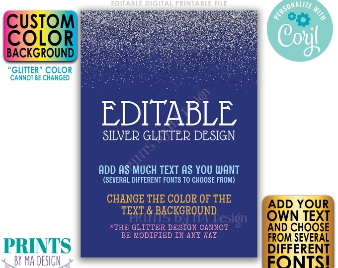 Editable Silver Glitter Portrait Sign, Choose Your Text and Colors, Glitz and Glam, ONE Custom PRINTABLE 5x7” Sign <Edit Yourself w/Corjl>