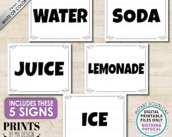 Beverage Bundle Signs, Graduation Party Drinks, Water Soda Juice Lemonade Ice, Five PRINTABLE 8x10/16x20” B&W Grad Party Signs <ID>