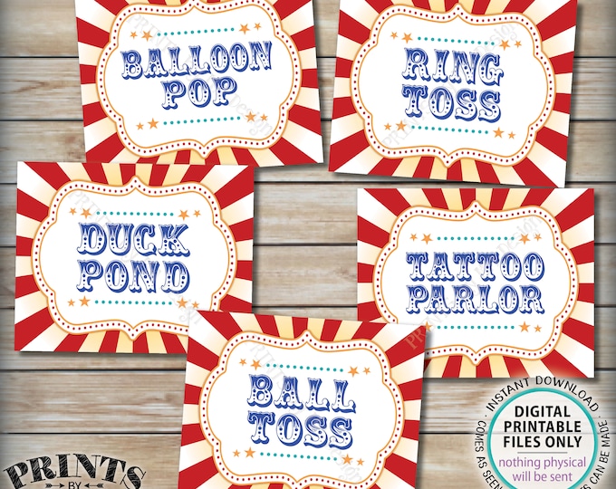 Carnival Games Signs, Carnival Theme Party, Ring Toss Ball Balloon Pop, Tattoo Parlor, Duck Pond, Circus, PRINTABLE 8x10/16x20” Signs <ID>