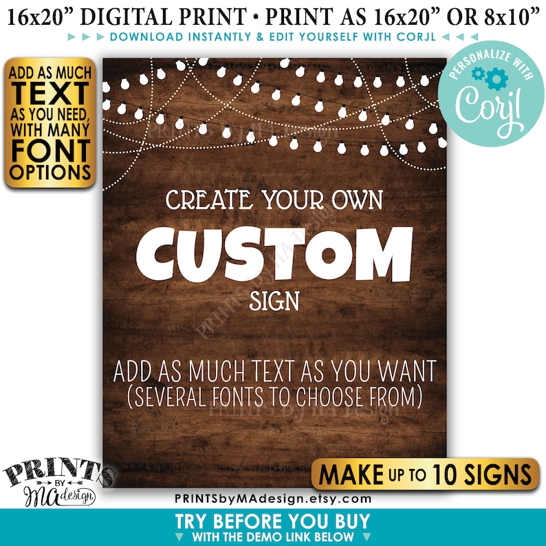 Custom Dark Brown Rustic Wood Style Posters with Lights Choose Your Text Ten PRINTABLE 8x1016x20\u201d Portrait Signs