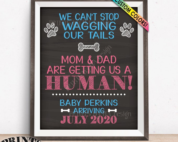 Dogs Pregnancy Announcement, Mom & Dad are Getting Us a Human, Dog Baby Reveal Sign, Custom Name Chalkboard Style PRINTABLE 8x10/16x20” Sign