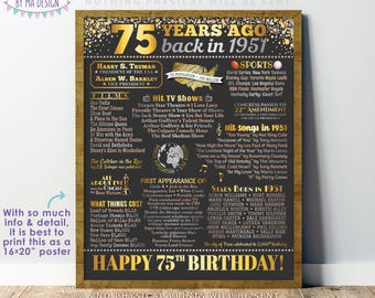 75 Years Ago Back in 1951 Sign, 75th Birthday Poster Board, Flashback 75 Years Ago B-day Gift, PRINTABLE 16x20” Born in 1951 Sign <ID>