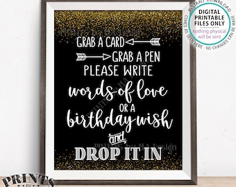 Write a Memory, Grab a Card Grab a Pen Write Words of Love or Birthday Wish Drop it In, Birthday Party, Black/Gold PRINTABLE 8x10” Sign <ID>
