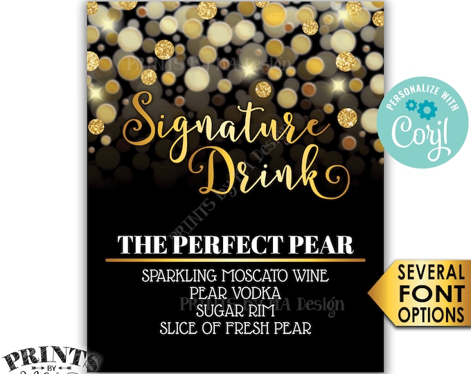 Signature Drink Sign, Birthday Cocktail, Wedding Bar, Black & Gold Glitter PRINTABLE 8x10” Drink Sign <Edit Yourself with Corjl>