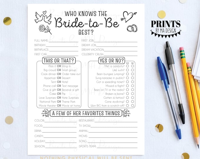 Bridal Shower Game, Who Knows the Bride-to-Be the Best, Bridal Trivia, How Well do you Know the Bride, Digital PRINTABLE 8.5x11” File <ID>