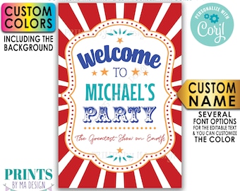 Party Welcome Sign, Welcome to the Party Entrance Sign, Custom PRINTABLE 24x36” Carnival/Circus Theme Party Sign <Edit Yourself with Corjl>