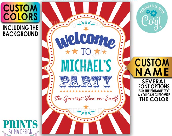 Party Welcome Sign, Welcome to the Party Entrance Sign, Custom PRINTABLE 24x36” Carnival/Circus Theme Party Sign <Edit Yourself with Corjl>