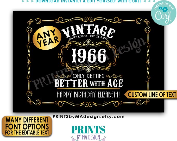 Vintage Birthday Sign, Better with Age Liquor Themed Bday Party, 1 Custom PRINTABLE 24x36” Black White & Gold Sign, <Edit Yourself w/Corjl>