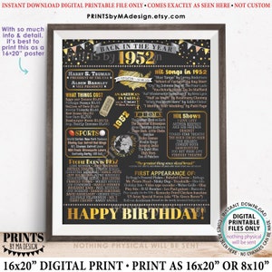 Back in the Year 1952 Birthday Sign, Flashback to 1952 Poster Board, ‘52 B-day Gift, Bday Decoration, PRINTABLE 16x20” Sign &lt;ID&gt;