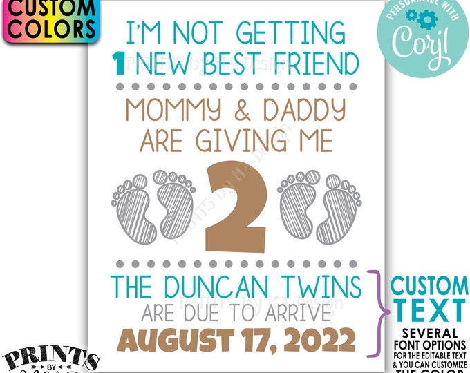 Twins Pregnancy Announcement, Getting 2 New Best Friends, Editable 8x10/16x20” PRINTABLE Twins Reveal Sign <Edit Yourself w/Corjl>