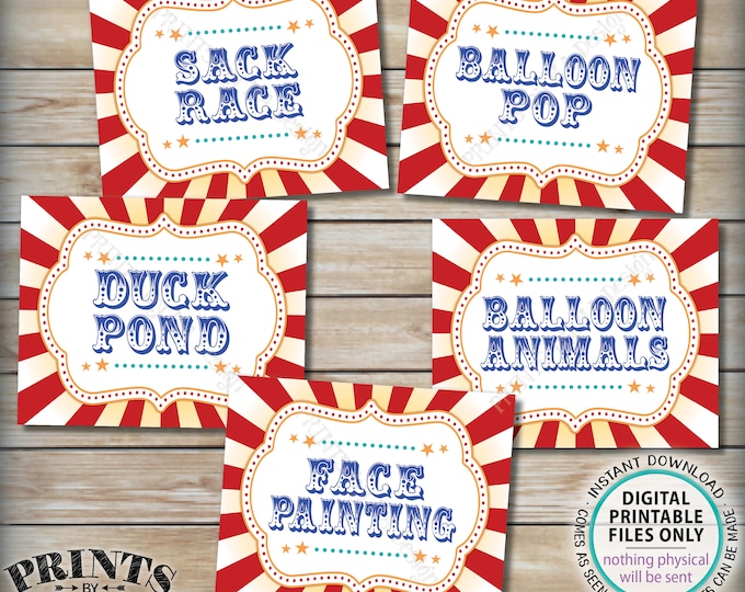 Carnival Games Signs, Sack Race, Balloon Animals Pop, Duck Pond, Face Painting, Circus Party, PRINTABLE 8x10/16x20” Games Signs <ID>