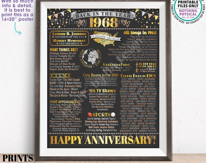 Back in the Year 1968 Anniversary Sign, Flashback to 1968 Anniversary Decor, Anniversary Gift, PRINTABLE 16x20” Poster Board <ID>