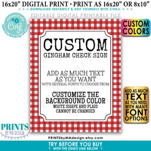 Op de afbeelding: Printbare digitale poster van 40,6 x 50,8 cm of 20,3 x 25,4 cm met een rood-wit geruite achtergrond. Het poster zegt "Custom Gingham Check Sign" en heeft tekst die zegt "Voeg zoveel tekst toe als je wilt met verschillende lettertypen om uit te kiezen." en "Pas de achtergrondkleur aan. De witte vorm en de ruitjes kunnen niet worden gewijzigd."