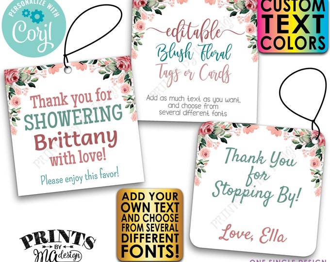 Editable Blush Floral Tags/Cards, Party Favors, Custom Watercolor Style 2" Squares, PRINTABLE 8.5x11" Digital File <Edit Yourself w/Corjl>