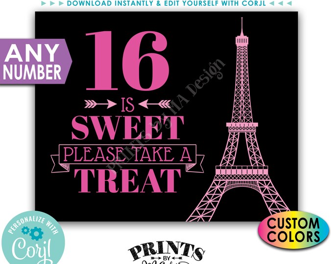 Paris Sweet Treat Sign, Please Take a Treat, Any Number, Custom PRINTABLE 8x10/16x20" Black Eiffel Tower Sign <Edit Yourself with Corjl>