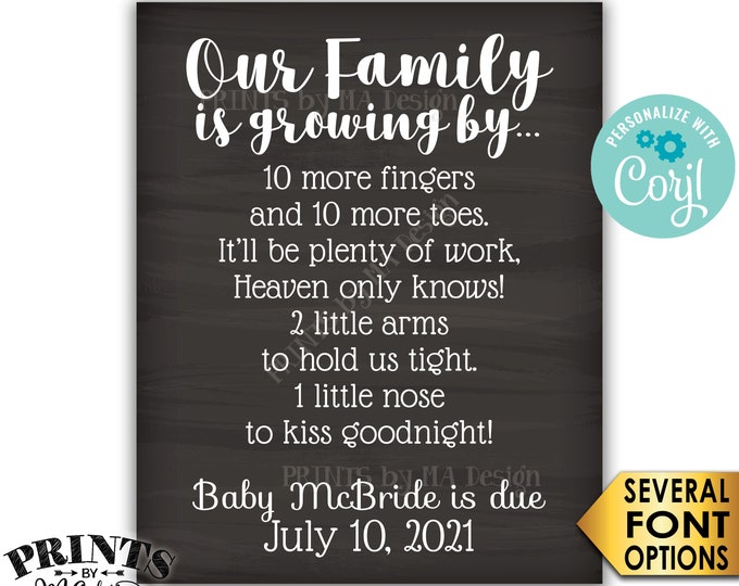 Pregnancy Announcement Sign, Our Family is Growing By, Custom PRINTABLE 8x10/16x20” Chalkboard Style Sign <Edit Yourself with Corjl>