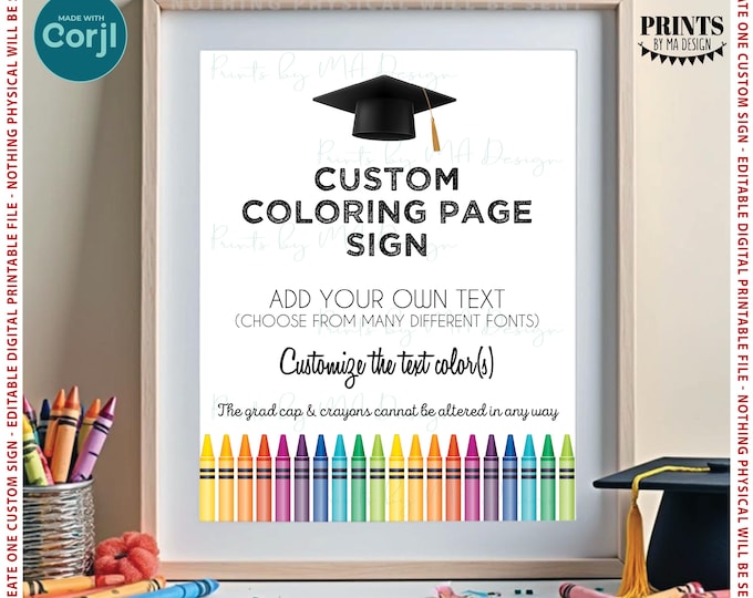 Editable Graduation Party Coloring Page Sign, Invite Guest to Color, Custom PRINTABLE 8x10/16x20” Portrait Sign <Edit Yourself w/Corjl>