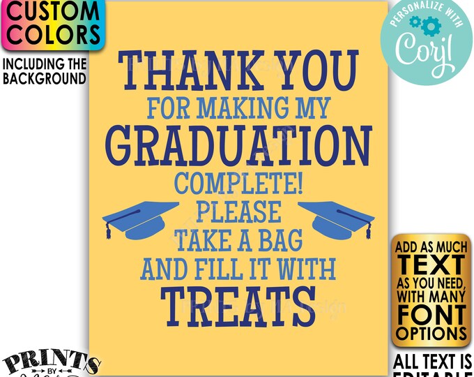 Custom Graduation Treats Sign, Graduation Party Favors, PRINTABLE 8x10/16x20” Editable Template, Grad Caps <Edit Yourself w/Corjl>