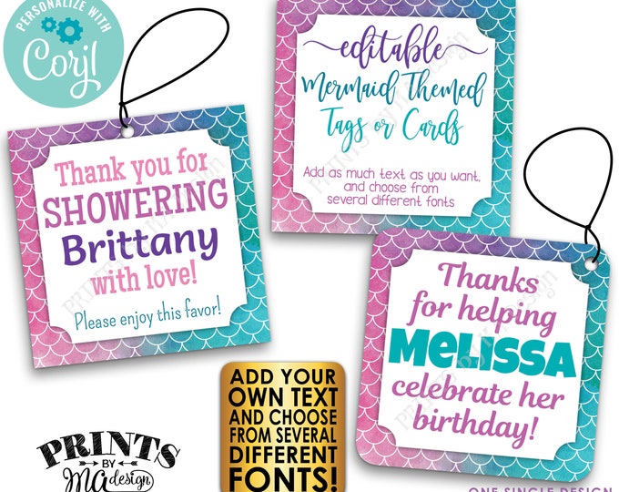 Editable Mermaid Party Tags/Cards, Favors, Custom Watercolor Style 2.5" Squares, PRINTABLE 8.5x11" Digital File <Edit Yourself w/Corjl>