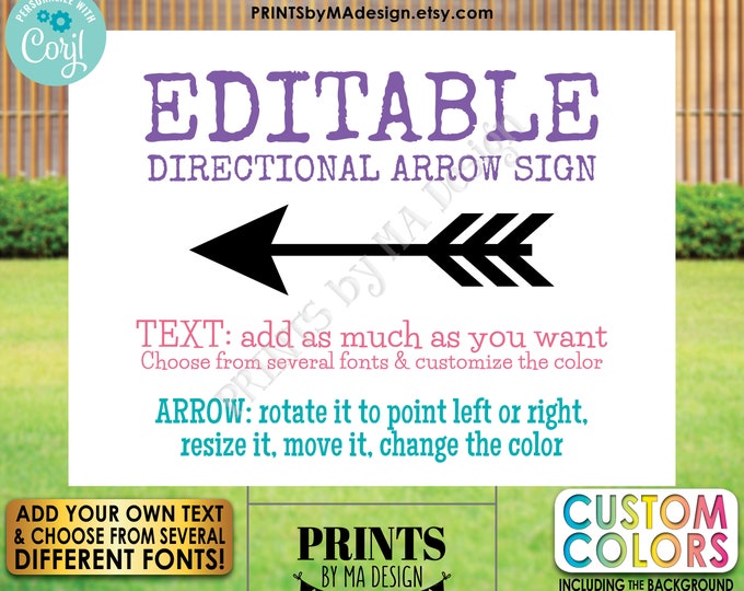 Editable Arrow Sign, Choose Direction Arrow Points, One Custom PRINTABLE 18x24” Landscape Sign <Edit Yourself w/Corjl>