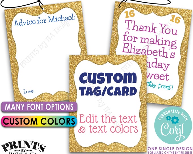 Custom Gold Glitter Card/Tag, Choose Text, Graduation, Retirement, PRINTABLE 8.5x11" Sheet of 4x5" Cards or Tags <Edit Yourself with Corjl>