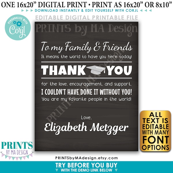 Editable Graduation Thank You Sign, Thanks from the Grad Poster, PRINTABLE Chalkboard Style Grad Party Decoration <Edit Yourself w/Corjl>