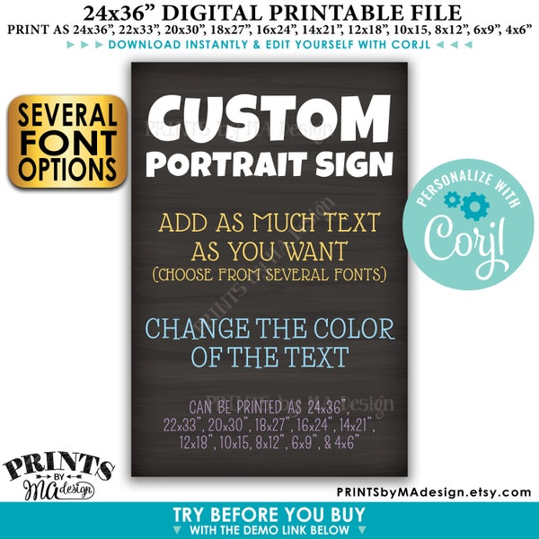 Custom Portrait Sign, Choose Your Text, Change Colors, Custom PRINTABLE 24x36” Chalkboard Style Sign <Edit Yourself with Corjl>