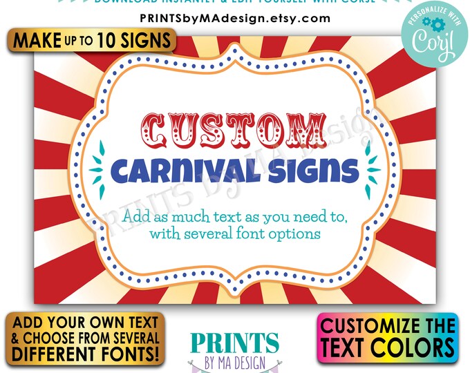 Custom Carnival/Circus Themed Signs, Birthday Party, Festival, Create up to Ten PRINTABLE 24x36” Landscape Signs <Edit Yourself w/Corjl>