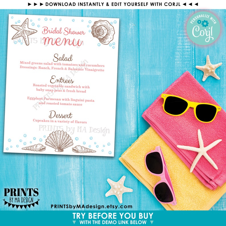 May include: Printable bridal shower menu with a beach theme. The menu features a starfish, seashells, and text that reads "Bridal Shower Menu". The menu includes the following items: Salad, Entrees, Dessert. The menu is designed to be personalized with Corjl.